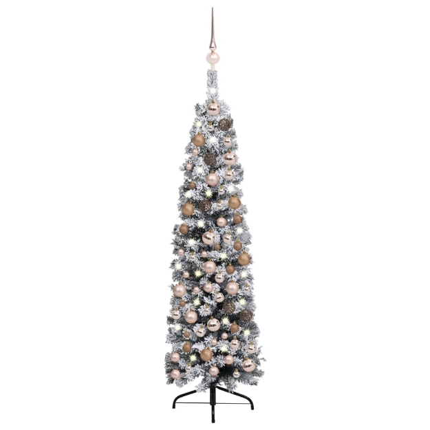 Albero di Natale Artificiale Sottile con LED e Neve Verde 120cm