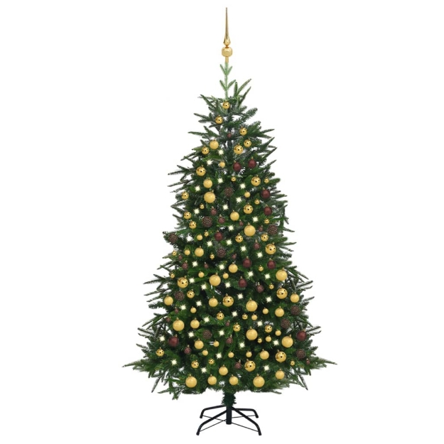 Albero Natale Artificiale con LED Palline Verde 210 cm PVC e PE