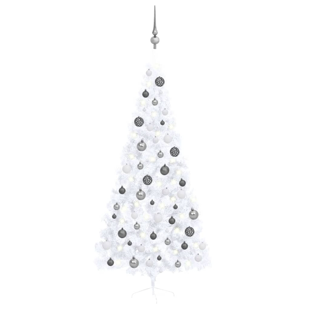 Set Albero Natale Artificiale a Metà LED e Palline Bianco 210cm