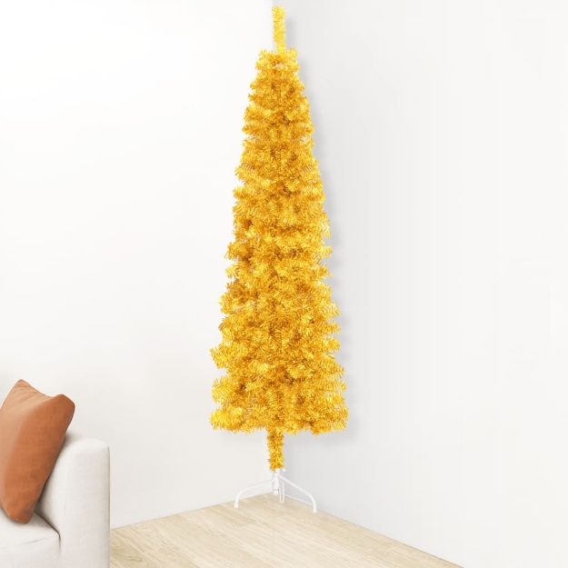Albero Natale Artificiale Sottile a Metà con Supporto Oro 180cm