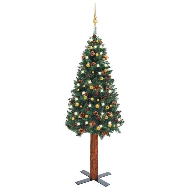 Albero di Natale Sottile Preilluminato con Palline Verde 180 cm