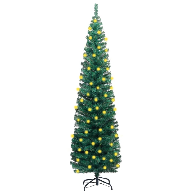 Albero di Natale Sottile Preilluminato con Supporto Verde 210cm