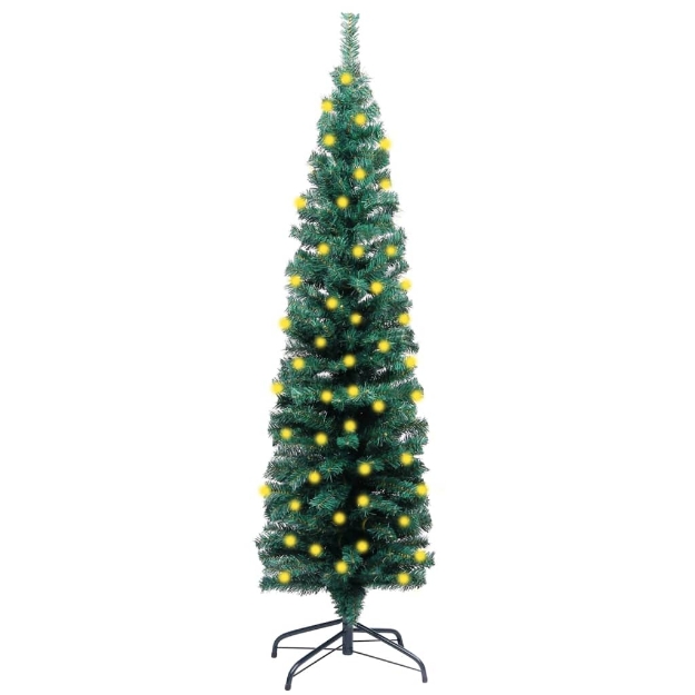 Albero di Natale Sottile Preilluminato con Supporto Verde 150cm