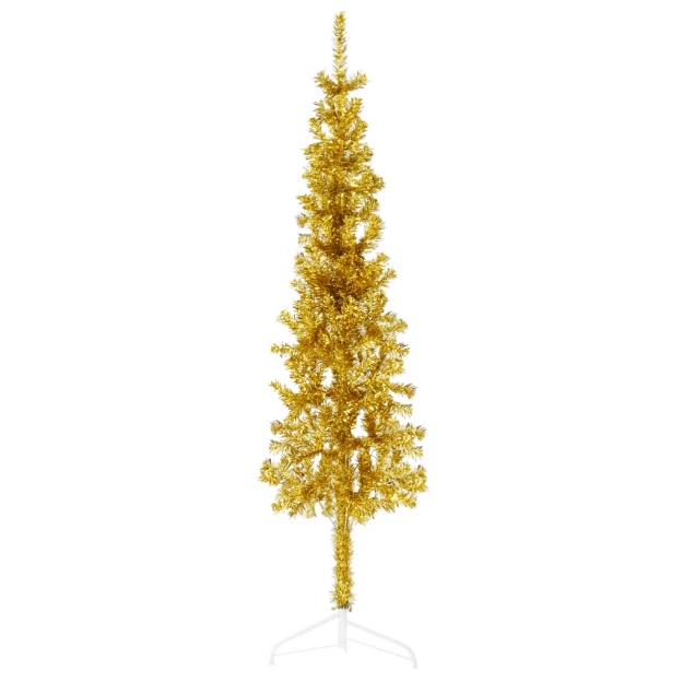 Albero Natale Artificiale Sottile a Metà con Supporto Oro 150cm
