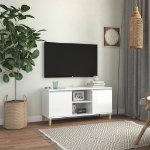 Mobile TV con Gambe Legno Massello Bianco Lucido 103,5x35x50 cm