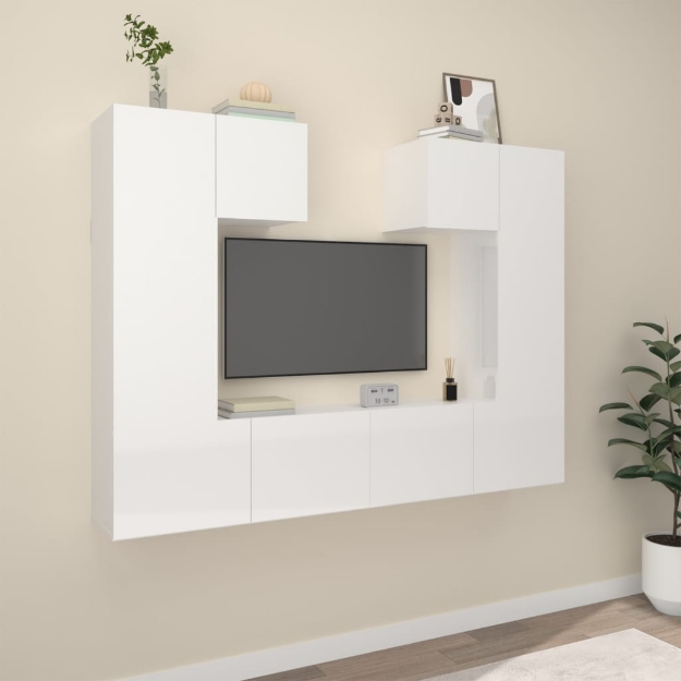 Set di Mobili Porta TV 6 pz Bianco Lucido in Legno Multistrato
