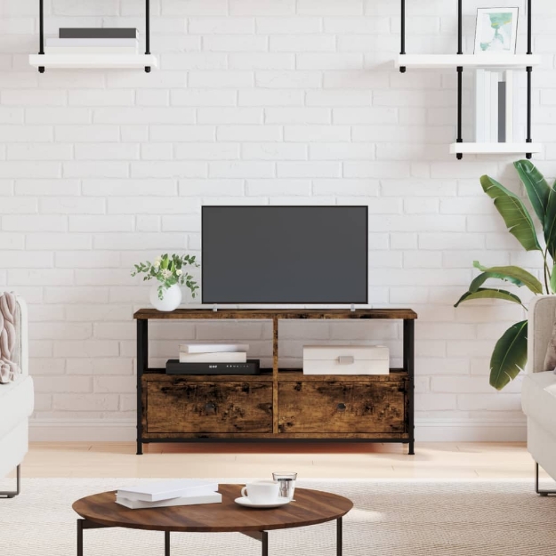 Mobile TV Rovere Fumo 90x33x45 cm in Legno Multistrato e Ferro