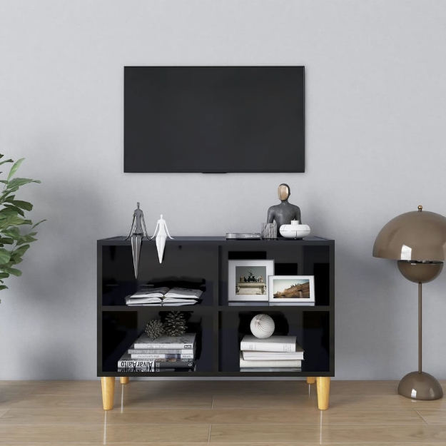 Mobile TV con Gambe Legno Massello Nero Lucido 69,5x30x50 cm