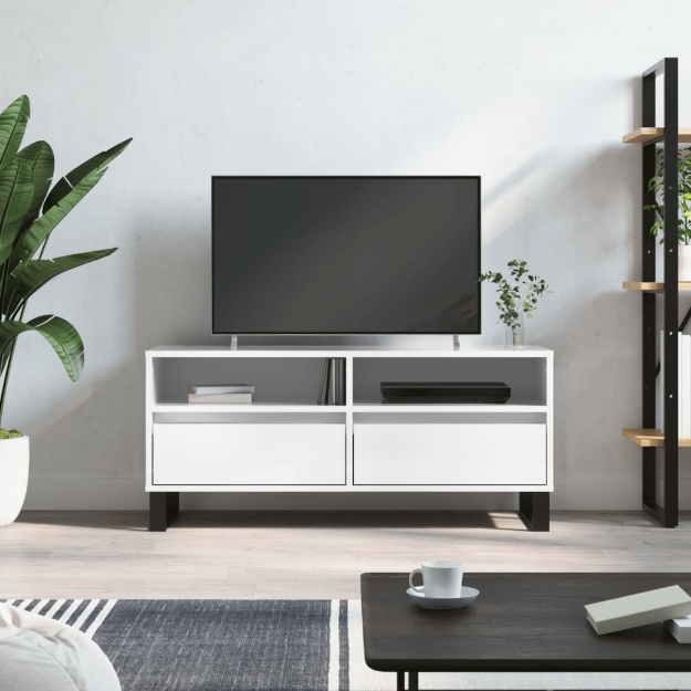 Mobile Porta TV Bianco Lucido 100x34,5x44,5cm Legno Multistrato