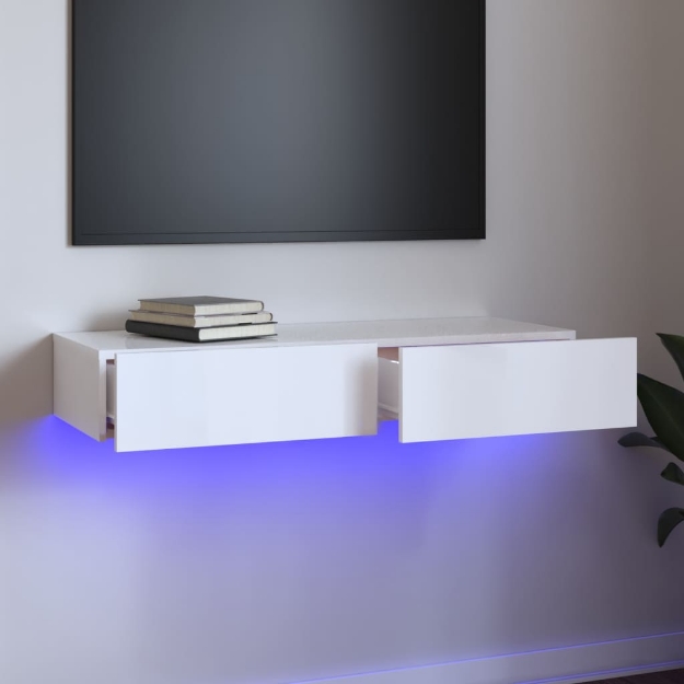 Mobile Porta TV con Luci LED Bianco Lucido 90x35x15,5 cm