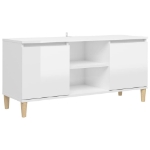 Mobile TV con Gambe Legno Massello Bianco Lucido 103,5x35x50 cm