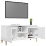 Mobile TV con Gambe Legno Massello Bianco Lucido 103,5x35x50 cm