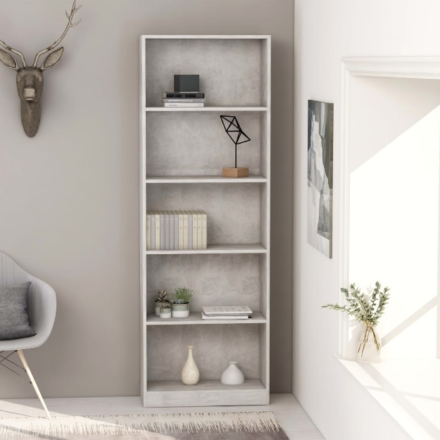 Libreria 5 Ripiani Grigio Cemento 60x24x175cm Legno Multistrato