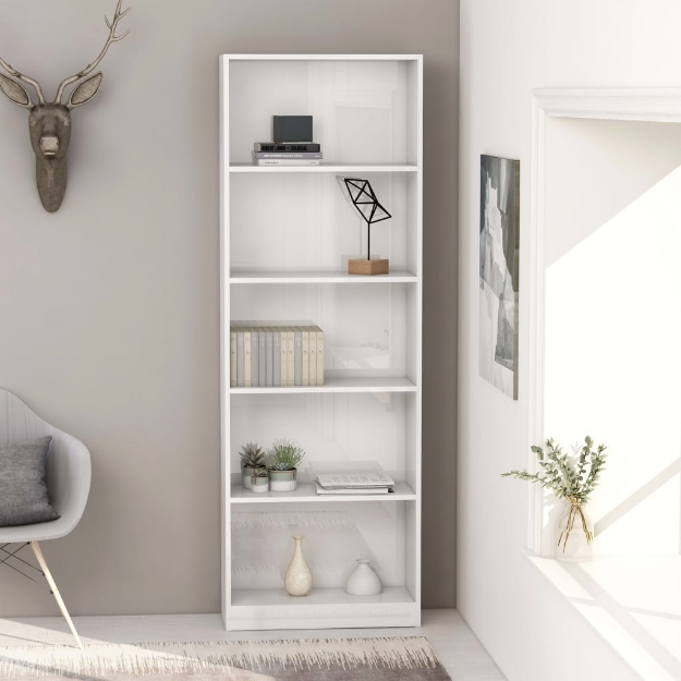 Libreria 5 Ripiani Bianco Lucido 60x24x175 cm Legno Multistrato