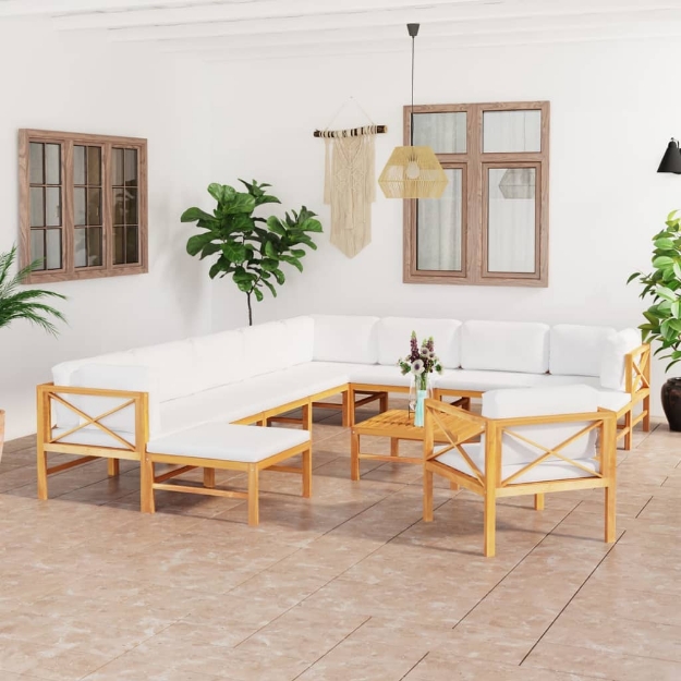 Set Divani da Giardino 12pz Cuscini Crema Legno Massello Teak