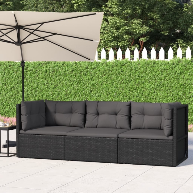 Set Divani da Giardino 3 pz con Cuscini Nero in Polyrattan