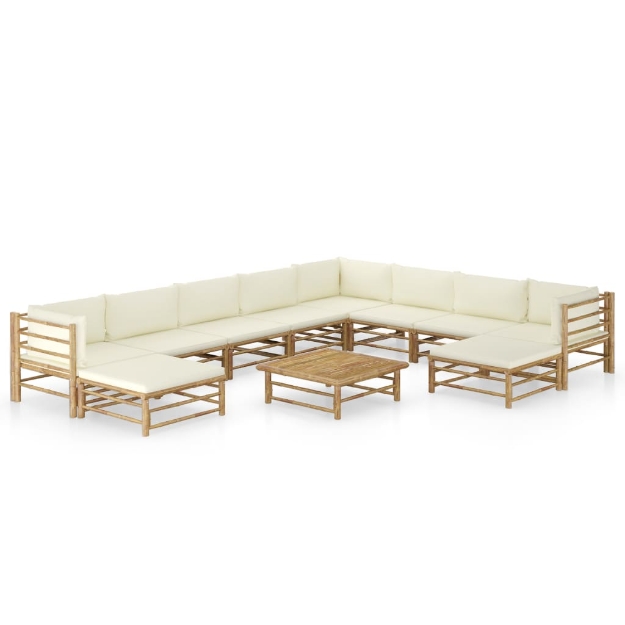 Set Salotto da Giardino 11pz con Cuscini Bianco Crema in Bambù