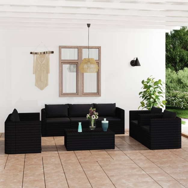 Set Divani da Giardino 9 pz con Cuscini in Polyrattan Nero