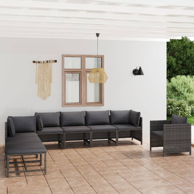 Set Divani da Giardino 8 pz con Cuscini in Polyrattan Grigio