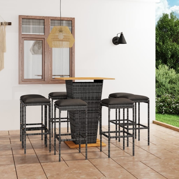 Set da Bar per Giardino 9 pz con Cuscini in Polyrattan Grigio