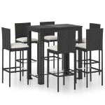 Set Bar da Giardino 7 pz con Cuscini in Polyrattan Nero