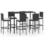 Set Bar da Giardino 7 pz con Cuscini in Polyrattan Nero