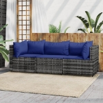 Set Divani da Giardino 3 pz con Cuscini in Polyrattan Grigio