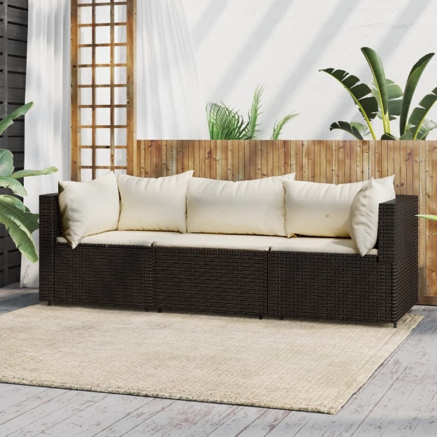 Set Mobili da Giardino 3 pz con Cuscini in Polyrattan Marrone