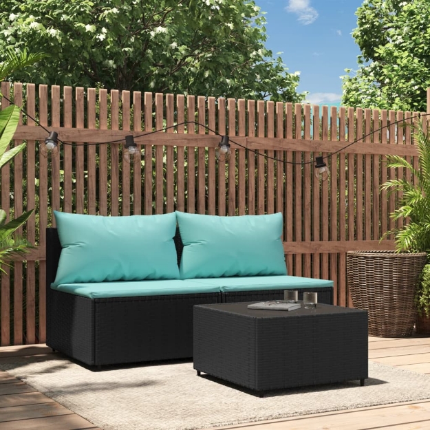 Set Divani da Giardino 3 pz con Cuscini Nero in Polyrattan