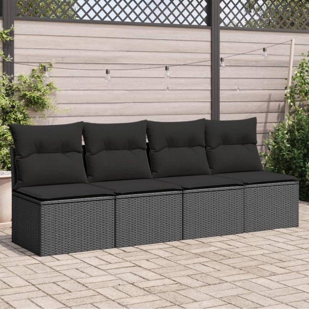 Divano da Giardino con Cuscini a 4 Posti Nero in Polyrattan