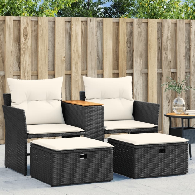 Divano da Giardino 2 Posti con Sgabelli Nero in Polyrattan