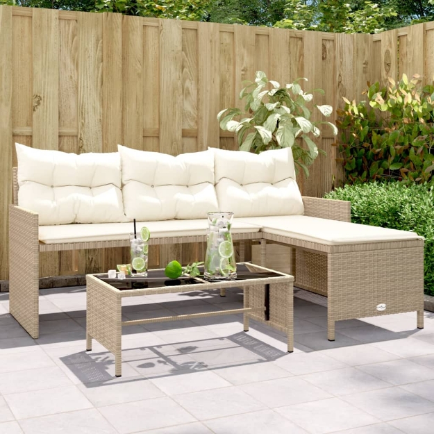 Divano da Giardino con Tavolo e Cuscini a L Beige in Polyrattan