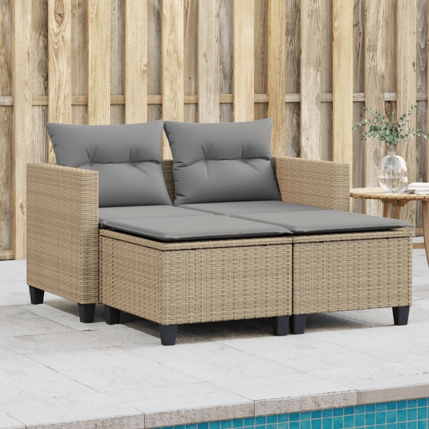 Divano da Giardino 2 Posti con Sgabelli Beige in Polyrattan