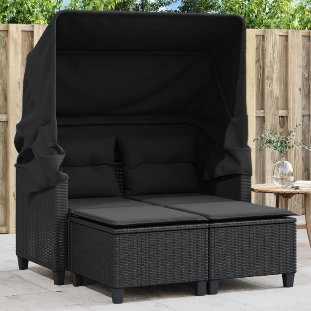 Divano Giardino 2 Posti Baldacchino e Sgabelli Nero Polyrattan