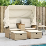 Divano Giardino 2 Posti Baldacchino e Sgabelli Beige Polyrattan