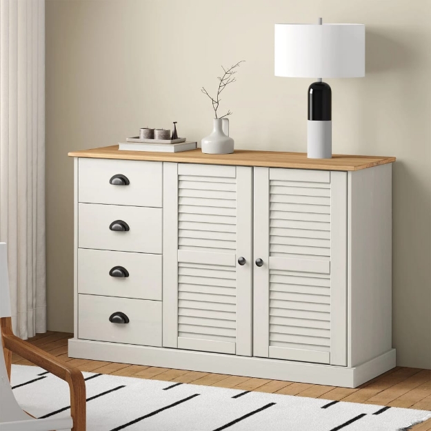 Credenza Cassetti VIGO 113x40x75 cm Legno Massello Pino Bianco