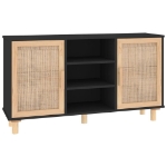 Credenza Nera 105x30x60cm Legno Massello Pino e Rattan Naturale