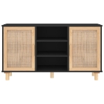 Credenza Nera 105x30x60cm Legno Massello Pino e Rattan Naturale