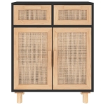 Credenza Nera 60x30x75 cm Legno Massello Pino e Rattan Naturale