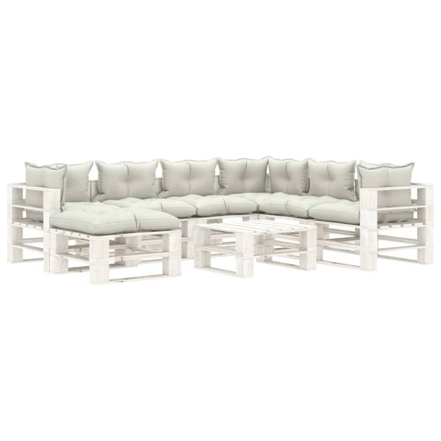 Set Salotto da Giardino su Pallet 8 pz e Cuscini Beige in Legno