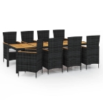 Set da Pranzo da Giardino 9 pz con Cuscini in Polyrattan Nero