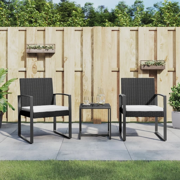 Set da Pranzo da Giardino 3 pz Nero con Cuscini in Rattan PP
