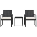 Set da Pranzo da Giardino 3 pz Nero con Cuscini in Rattan PP