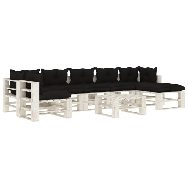 Set Salotto da Giardino su Pallet 8pz con Cuscini Neri in Legno