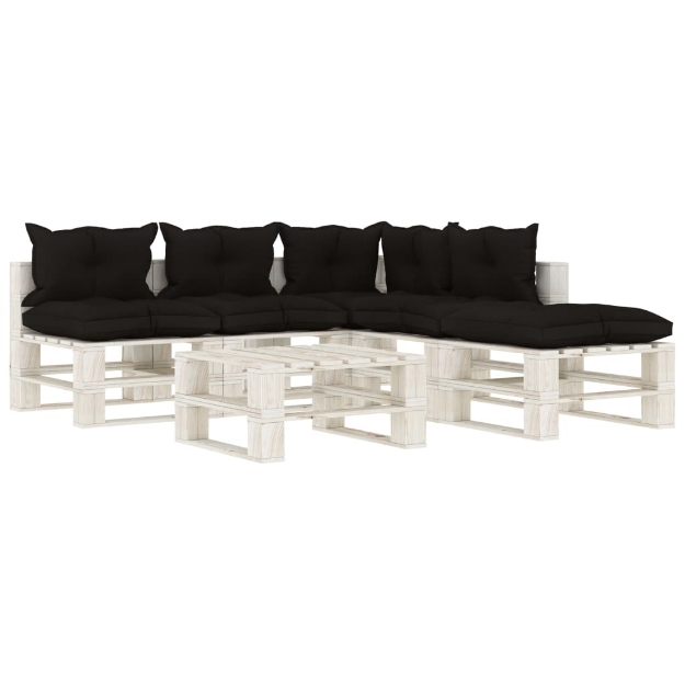 Set Salotto da Giardino su Pallet 6pz con Cuscini Neri in Legno