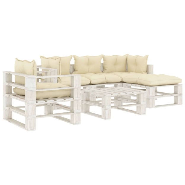 Set Salotto da Giardino Pallet 6 pz con Cuscini Crema in Legno