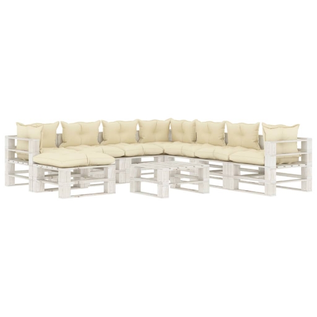 Set Salotto da Giardino Pallet 9 pz con Cuscini Crema in Legno
