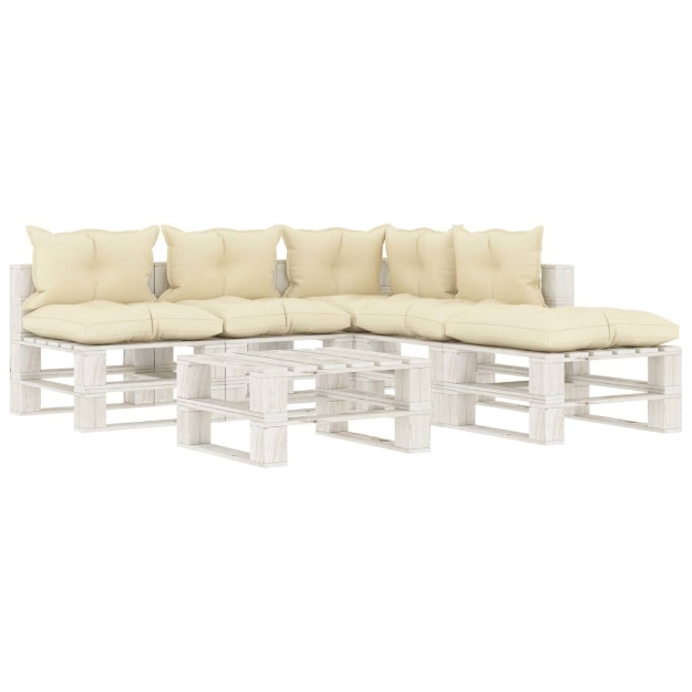 Set Salotto da Giardino Pallet 6 pz con Cuscini Crema in Legno