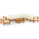 Set Divani Giardino 10 pz Cuscini Bianco Crema Legno d'Acacia