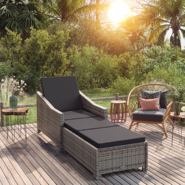 Lettino Prendisole con Cuscino Grigio Scuro Polyrattan Grigio